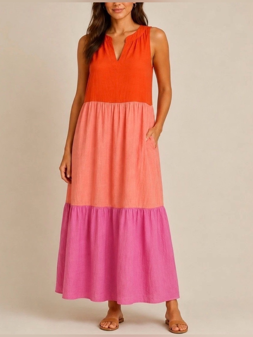 J.JILL Color Block Maxi Tiered Tank Dress Orange Pink Size Medium